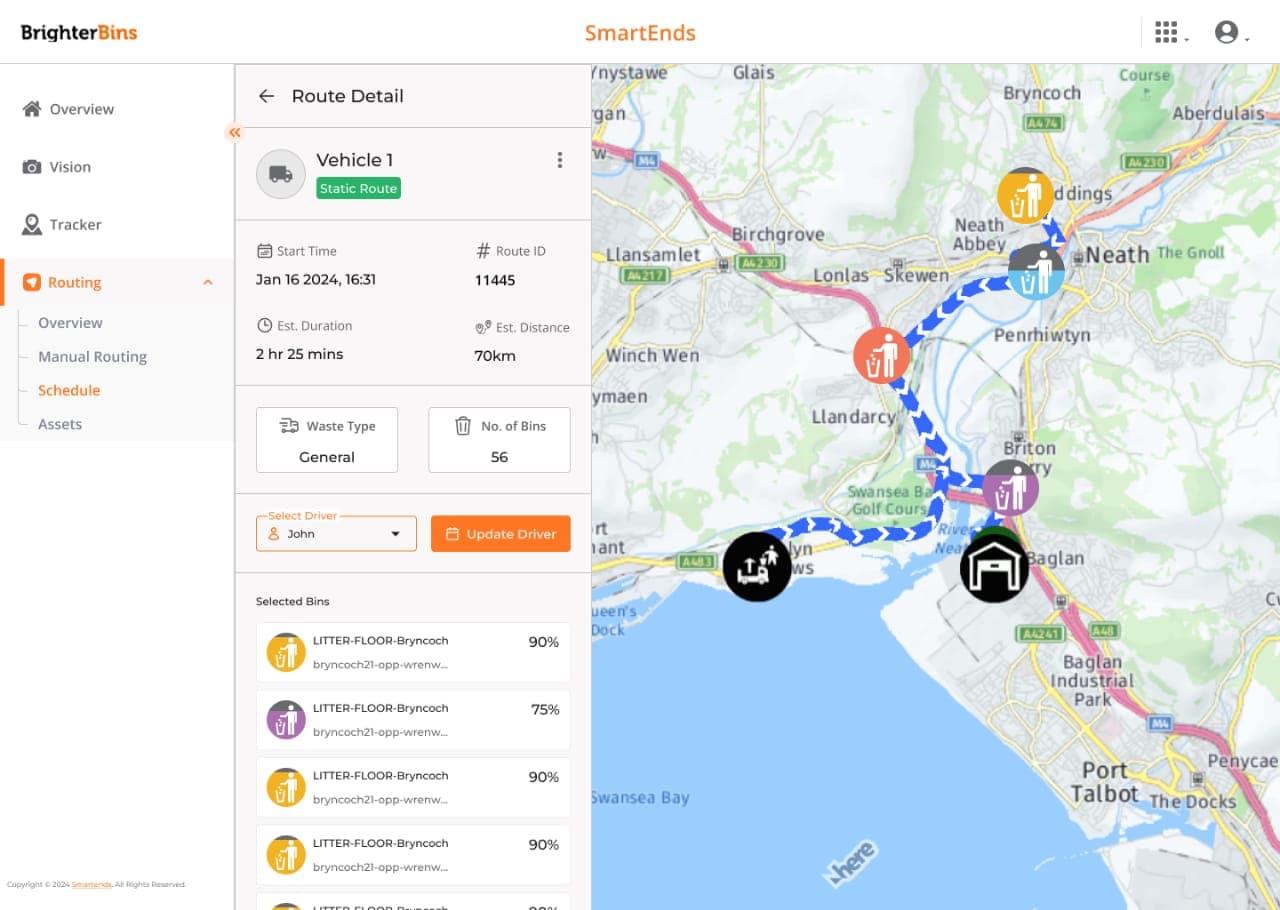 SmartEnds OS route optimisation dashboard showing live container fill levels on a map