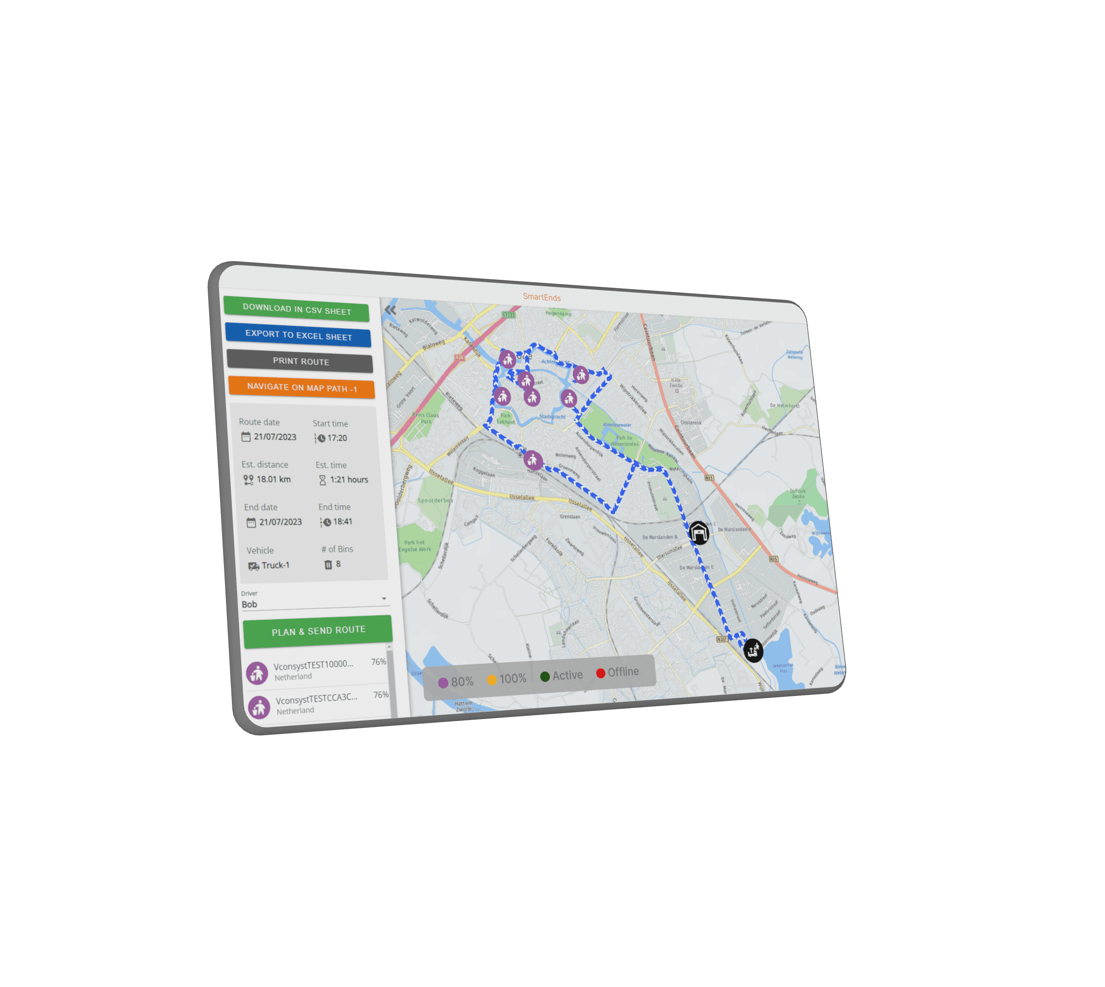 SmartEnds OS live zone tracking map showing optimised collection areas